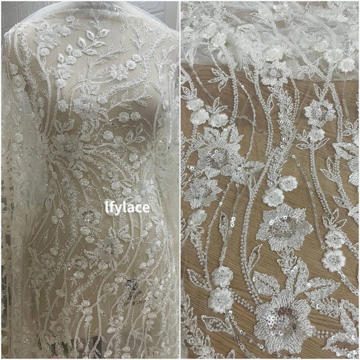 Off White High Quality Unique french  Embroidery Wedding Party Gown Dress Lace Fabric Sell by  1 Yard