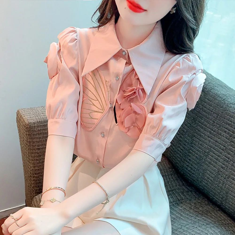 Fashion 3D Flower Blouse For Women 2024 Summer New Short Bubble Sleeve Chiffon Shirt Ladies Sweet Pink Slim Tops Female Trend