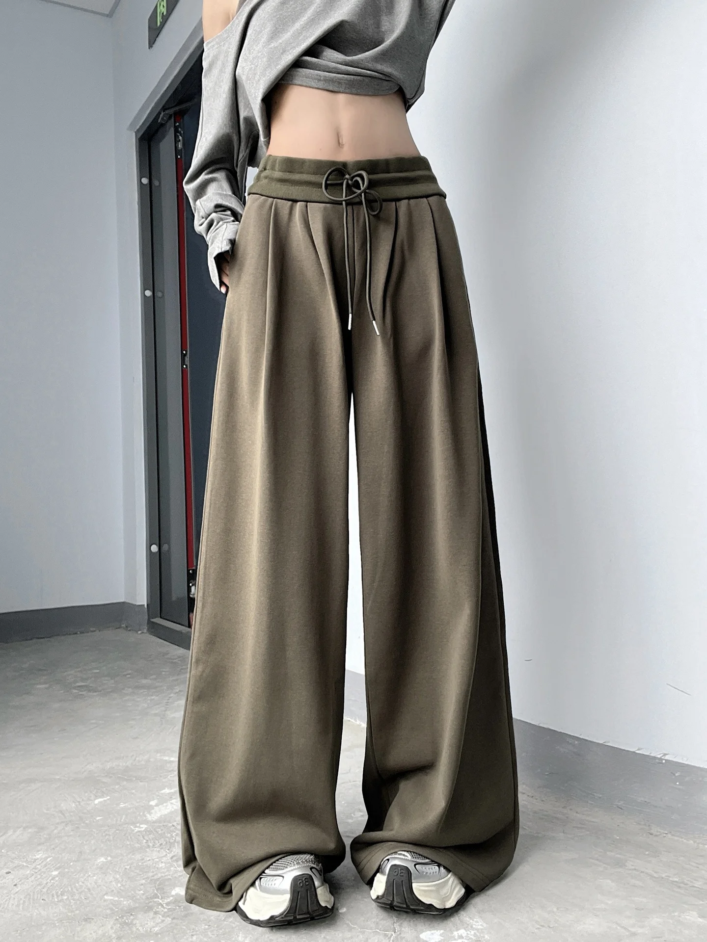 American Style Versatile Wide Thread Sport Sweatpants Women Lazy Drawstring Pleated Low Waist Loose Slimming Floor-Length Wid...