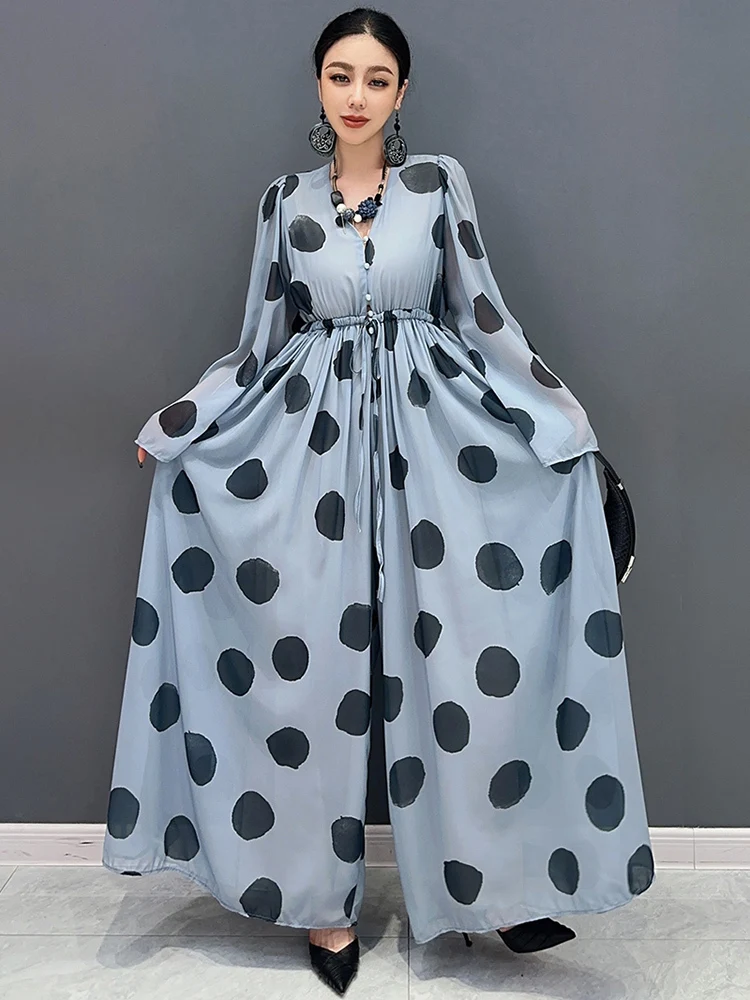 SHENGPALAE 2024 Spring Summer New Chiffon Printed Polka Dot Jumpsuit V-neck Long Sleeved Wide Leg Skirt Pants Women\'s Elegance