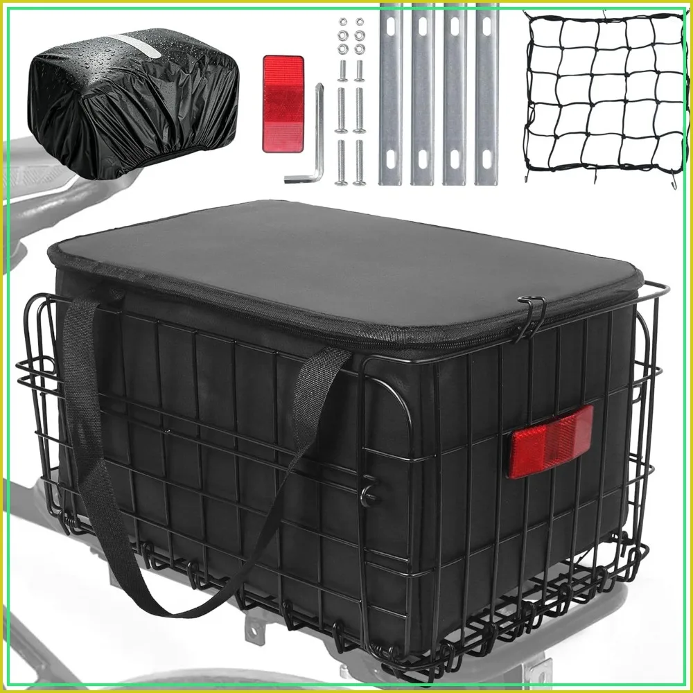 

Folding Bike Basket Rear, Bike Rear Rack with PU Waterproof Liner Bag and Net Cover, Bicycle Baskets for Adult/Kids Bikes, Panniers Bike Bags