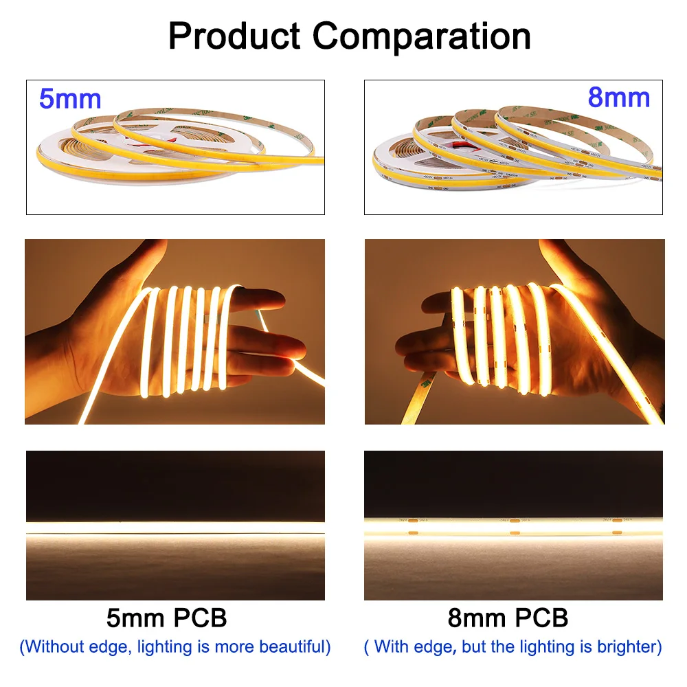 5mm 8mm COB LED Strip Light 24V 12V DC Ice Blue Yellow Red Green Blue Warm Cool White Color Dimmable PWM FOB LED Tape CRI 90 5m