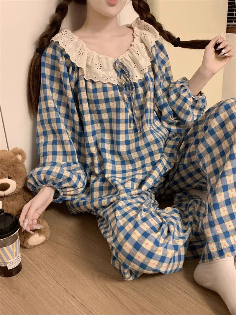 Women's Pajamas New Autumn Spring Long Sleeve Soft Sleepwear Set Grid cartoon pyjama Woman Home Nightwear Set Cardigan