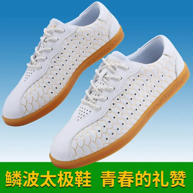 Chaussures d'arts martiaux Tai Ji Kungfu en cuir de vachette pour hommes et femmes, jogging de style chinois, exercice décontracté, fitness, karaté Taewondo, baskets Wushu