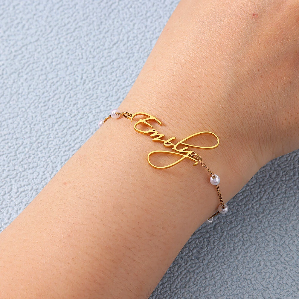 

Custom Name Bracelets For Women Stainless Steel Imitation Pearl Customized Bracelet Female Personalized Wrist Chain Jewelry Gift