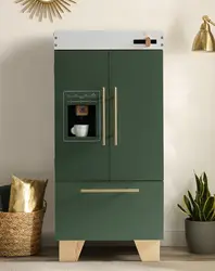 Robotime Wooden Toy Fridge Vintage Green Play Kitchen Set with Accessories Kitchen Playset Interactive Refrigerator for Kids