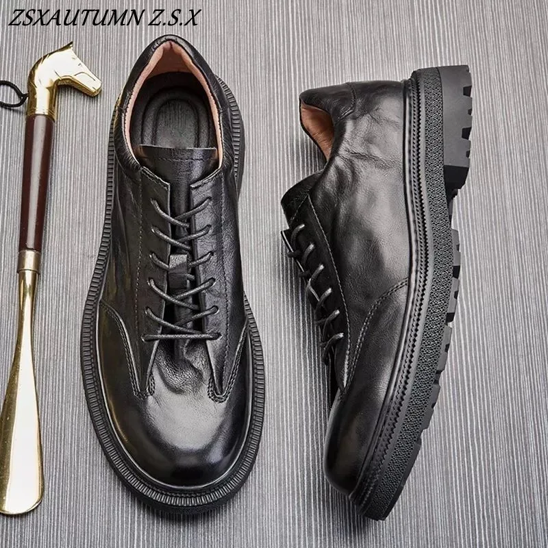 

Новинка 2025 года, деловая кожаная обувь в британском стиле, дышащая молодежная кожаная обувь с круглой головкой, индивидуальная молодежная кожаная обувь на толстой подошве со шнуровкой