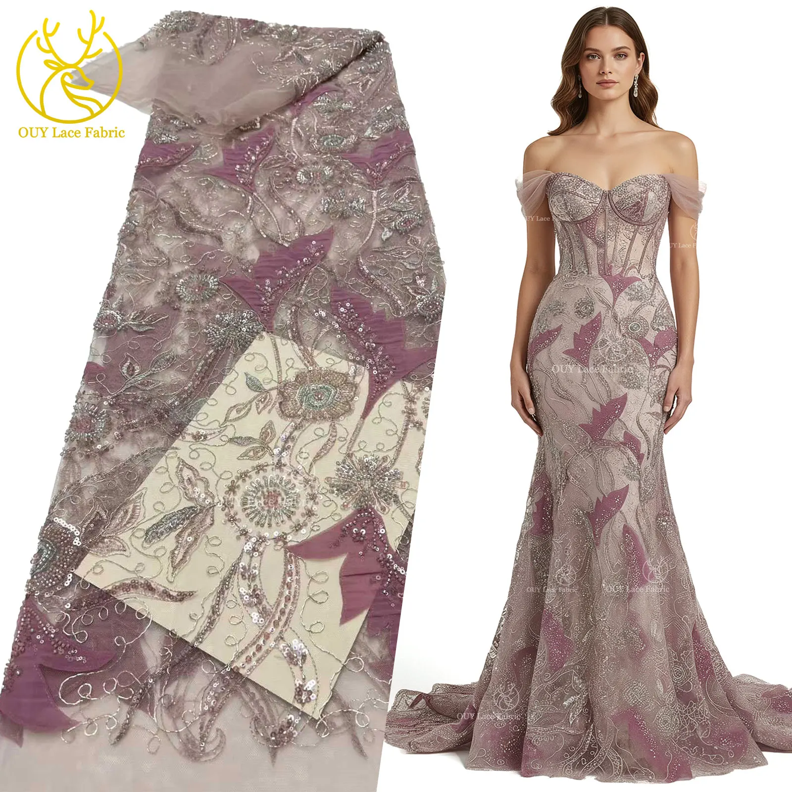 

2025 Premium Nigerian Beaded Lace Fabric 5 Yards Luxury African Sequined Lace Fabric Wedding Fabric Bridal Lace Sewing Material