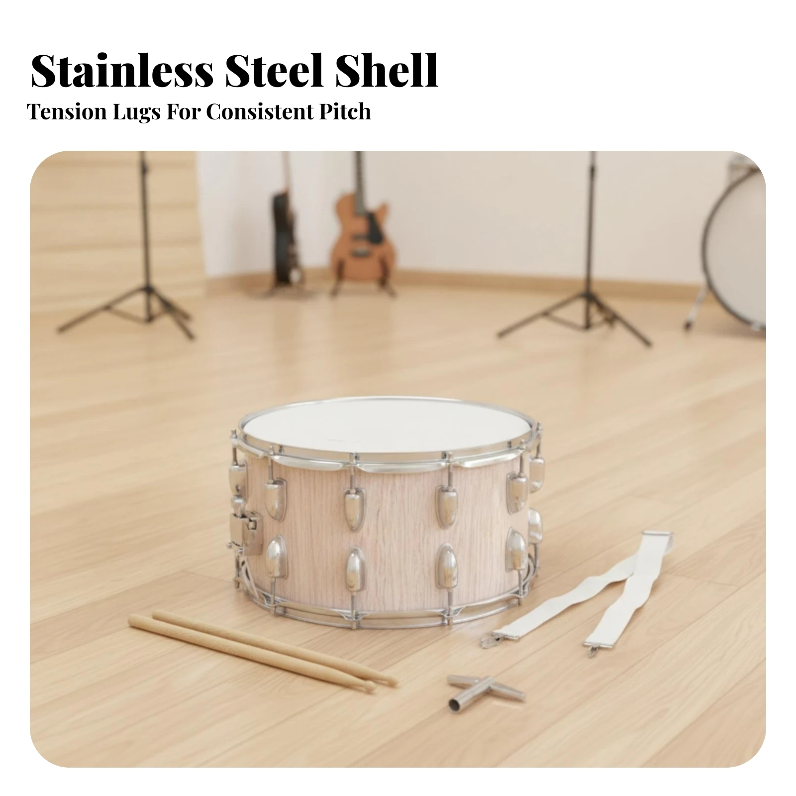 14 Inch Snare Drum Tunable Snare Drum with Drumsticks and Tuning Key Percussion Instrument Chrome Finished Adjustable