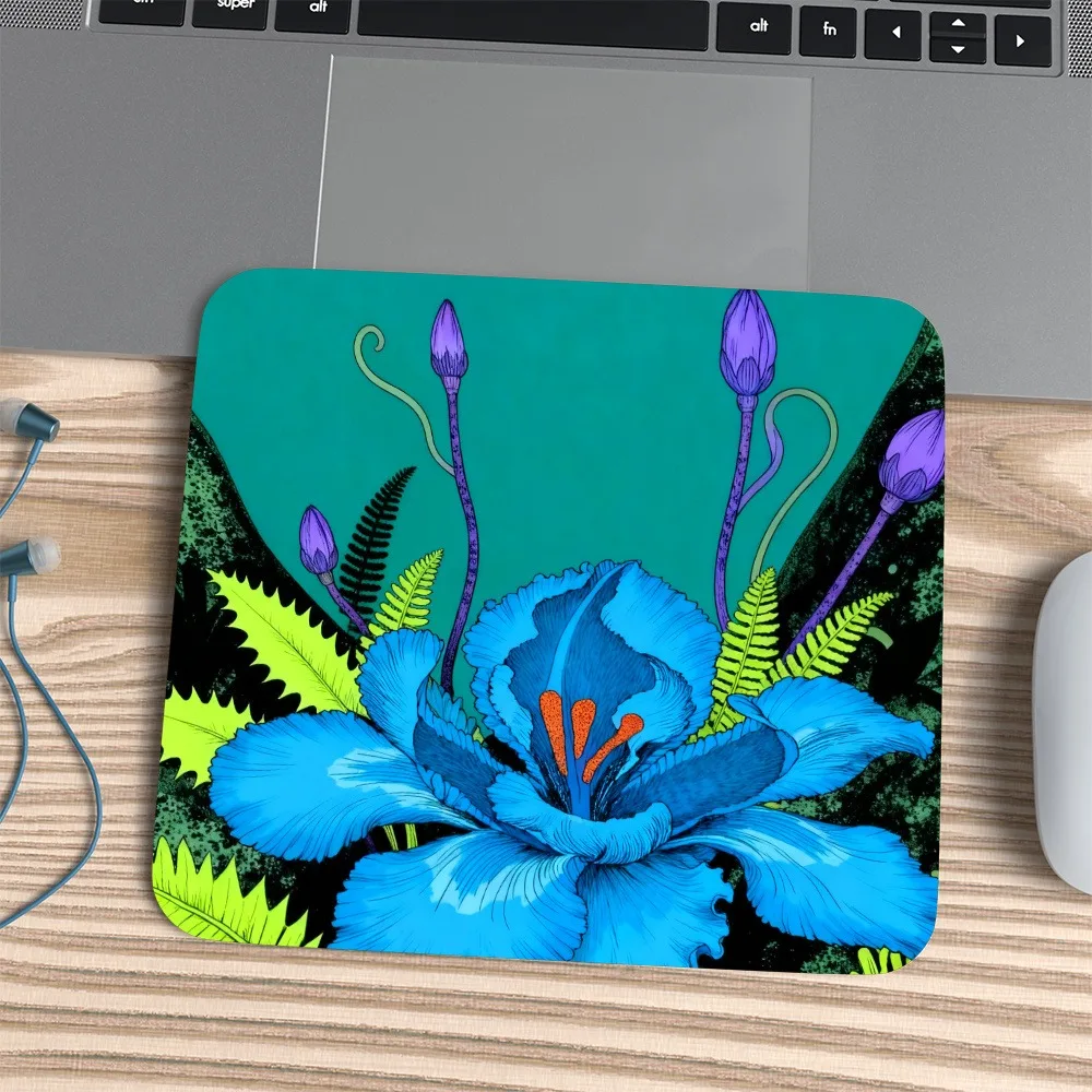 Bright blue tropical flower art plant illustration. Desktop pad. Anti-slip rubber base. Vivid natural Home and office decoration