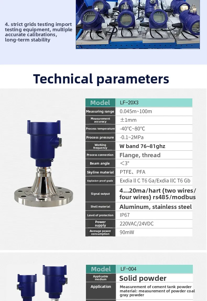 Medidor de nível de radar 80g medidor de nível de material de radar de onda guiada de alta frequência com display à prova de explosão