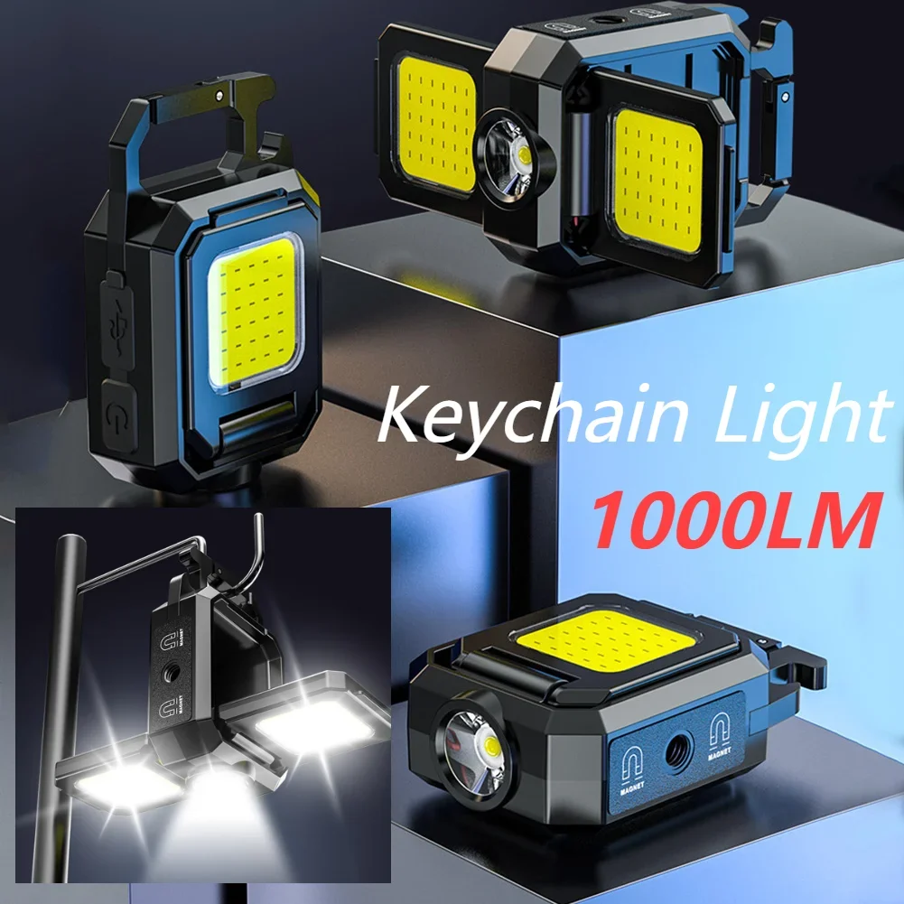 1000LM COB LED Mini Keychain Light XPE Work Light Type-C USB Rechargeable Flashlight Waterproof Outdoor Lighting Camping Lantern