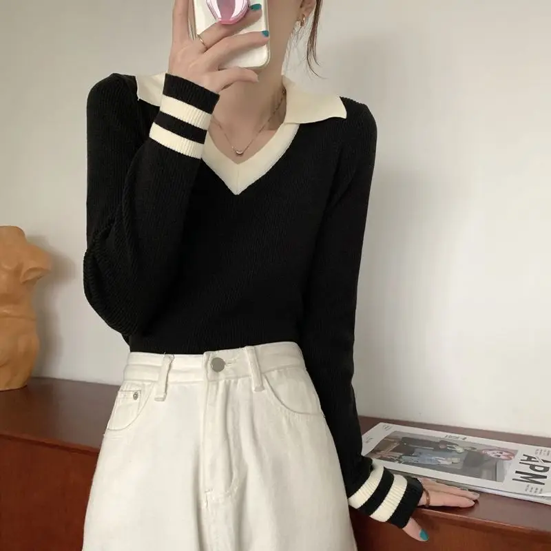 Contrasting Colors Knitted Jumpers Autumn Winter New Polo-Neck Women's Clothing Korean Stylish Spliced Slim Long Sleeve Sweaters