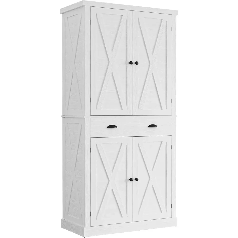 

Kitchen Pantry Storage Cabinet 72" Height, with Barn Doors, Drawer, 4 Adjustable Shelves, Freestanding Cupboard