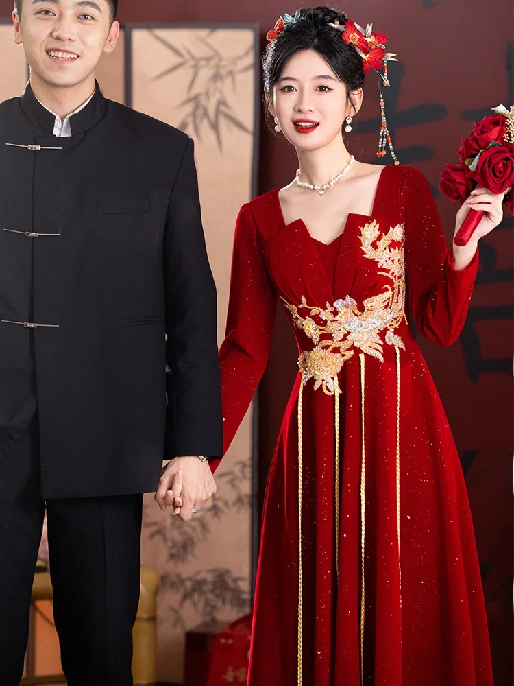 

Ele Red Chinese Wedding Dr Embroidered Ball Gown for Bridal Entrance Ceremony White Enhancing Long Sve V Ne Gown