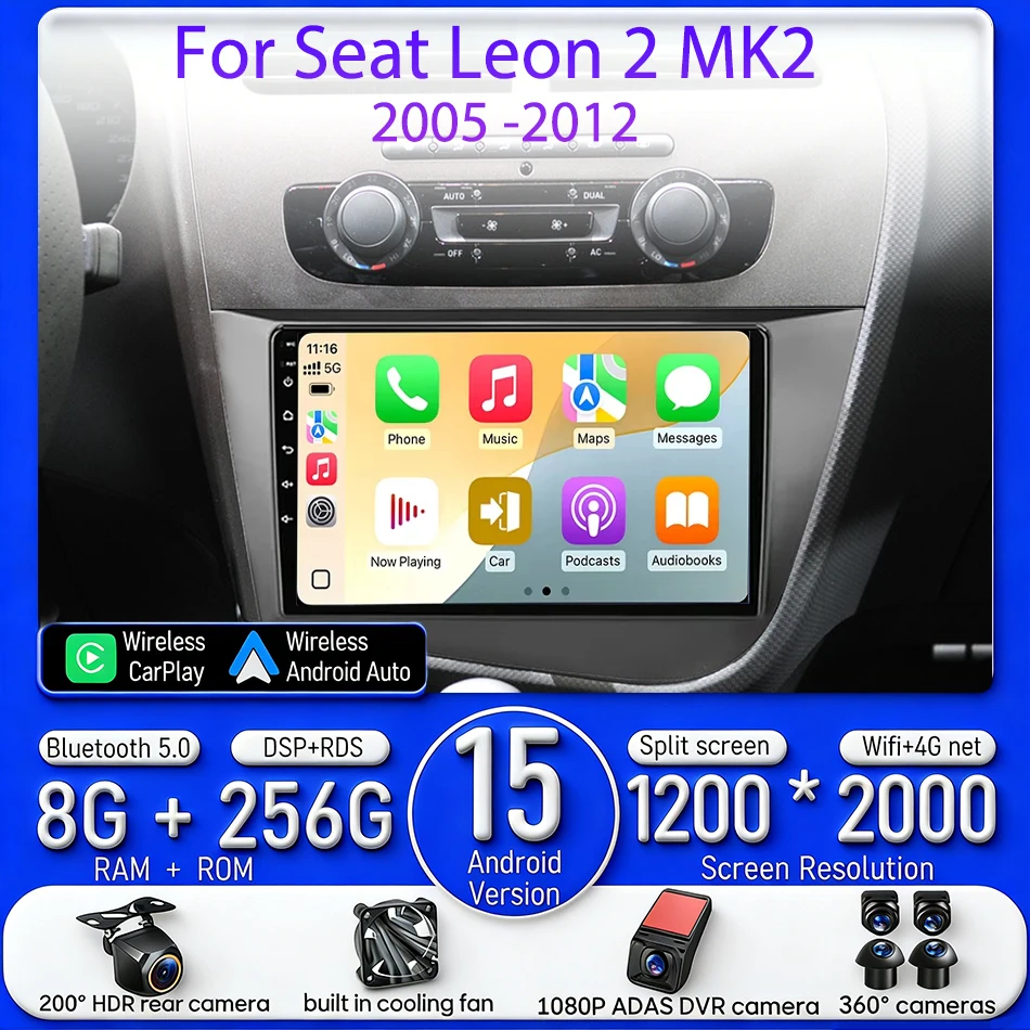 

Android For Seat Leon 2 MK2 2005 - 2012 Car Multimedia Player Wireless Carplay Auto Head Unit Radio Stereo Navigation GPS 2din