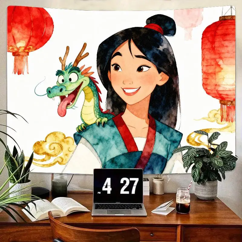 

1 шт., акварельный гобелен «Храбрый Мулан и Дракон Мушу», китайская принцесса, настенное искусство, полиэстер, декор комнаты в общежитии, подарок для фанатов