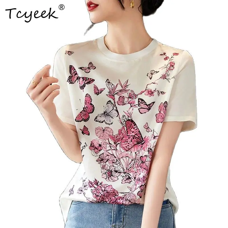 

Tcyeek, элегантная футболка из 90% натурального шелка, женская футболка с коротким рукавом и бабочкой, модные шикарные топы OL, лето-осень 2024, T46069QM
