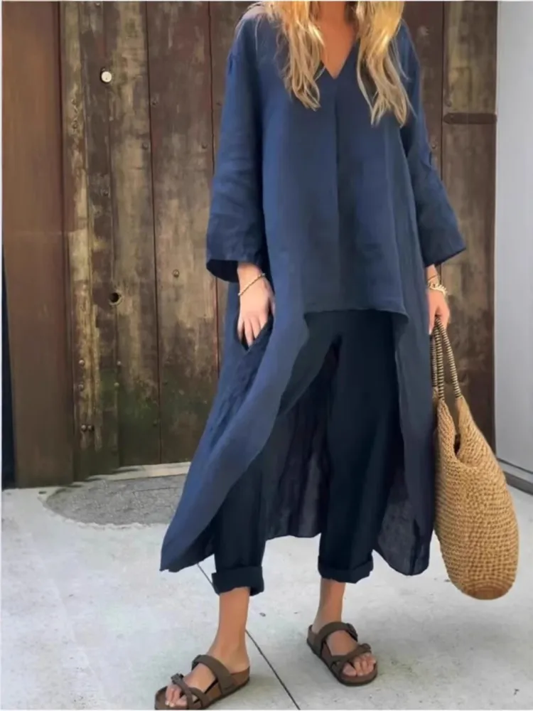 

Весенне-летний новый женский комплект из 2 предметов с карманами и v-образным вырезом, однотонная свободная повседневная женская одежда, модная элегантная женская одежда из двух предметов