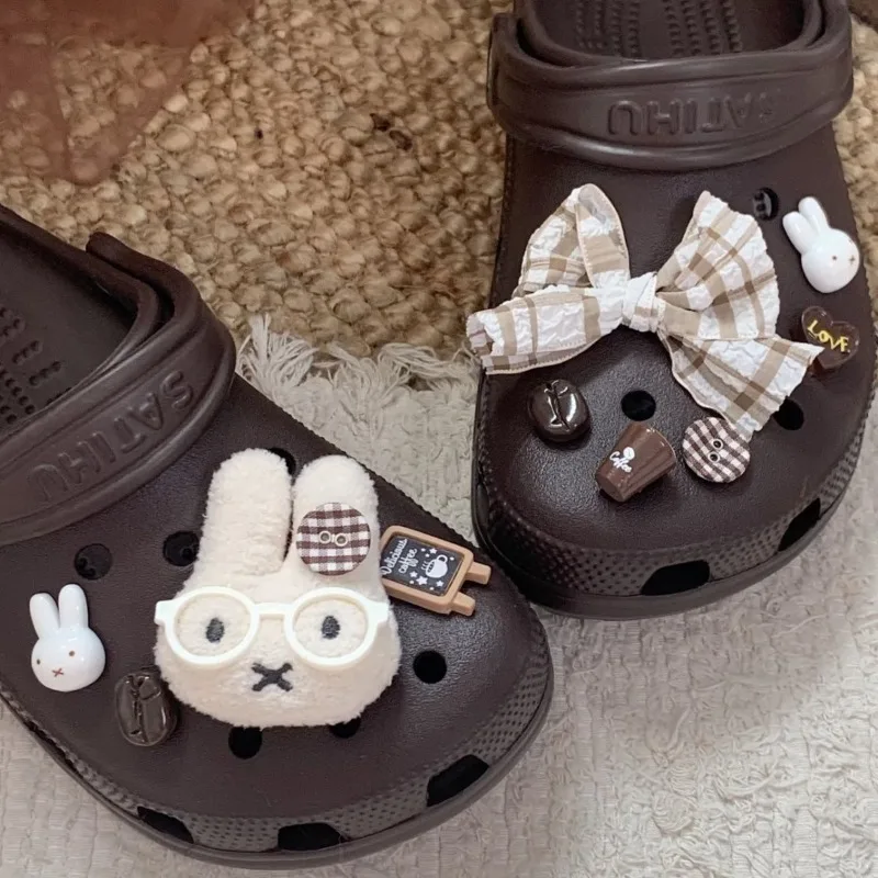 

New Kawai Mimi Rabbit Plush Cute Shoe Flower Coffee Color Bow Hole Shoes DIY Accessories Detachable Decoration Only Shoe Flower