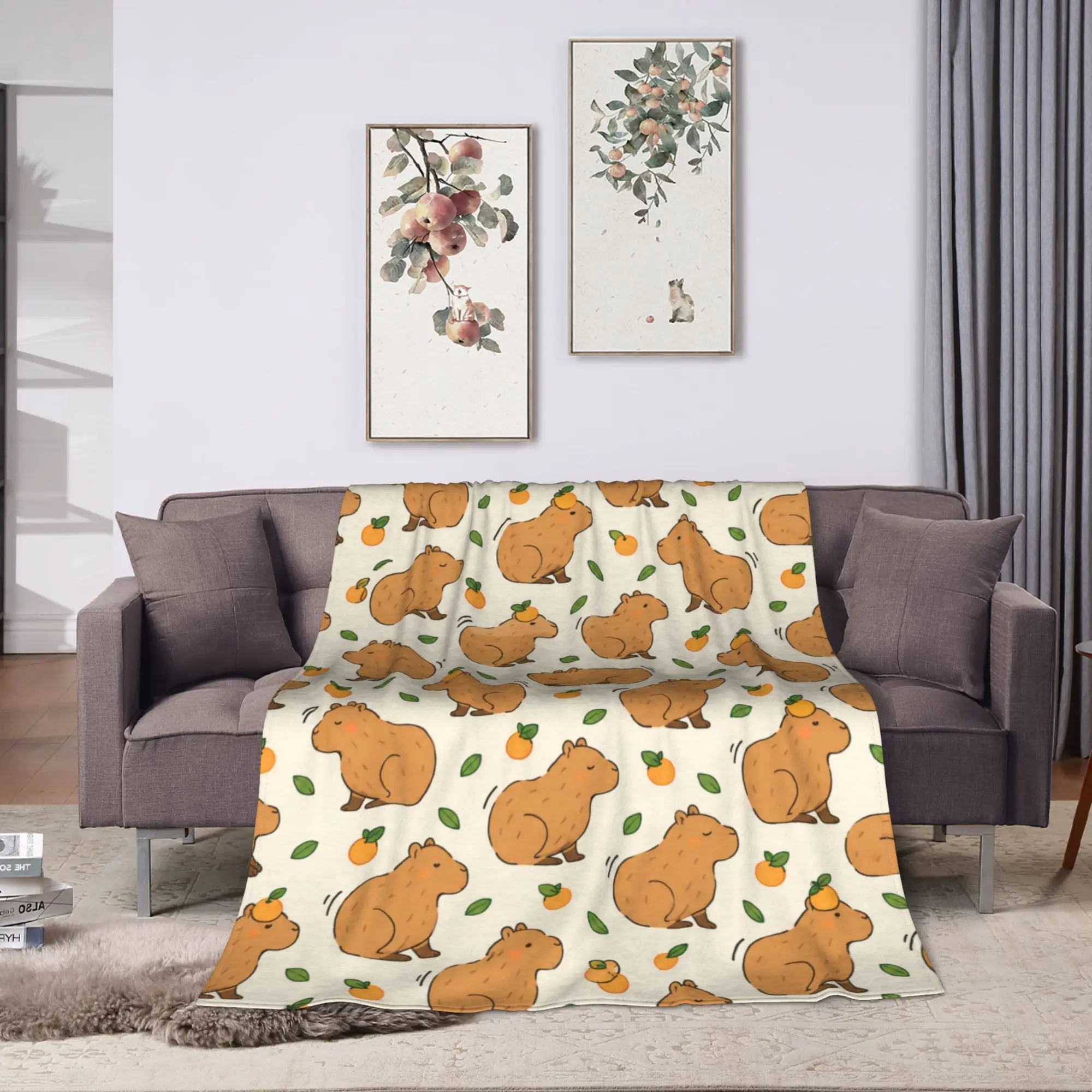 Warm Soft Blanket Children Travel Kawaii Capybara Floral Throw Blanket  Flannel Bedspread For Couch Bed Fluffy Sofa Bed Cover