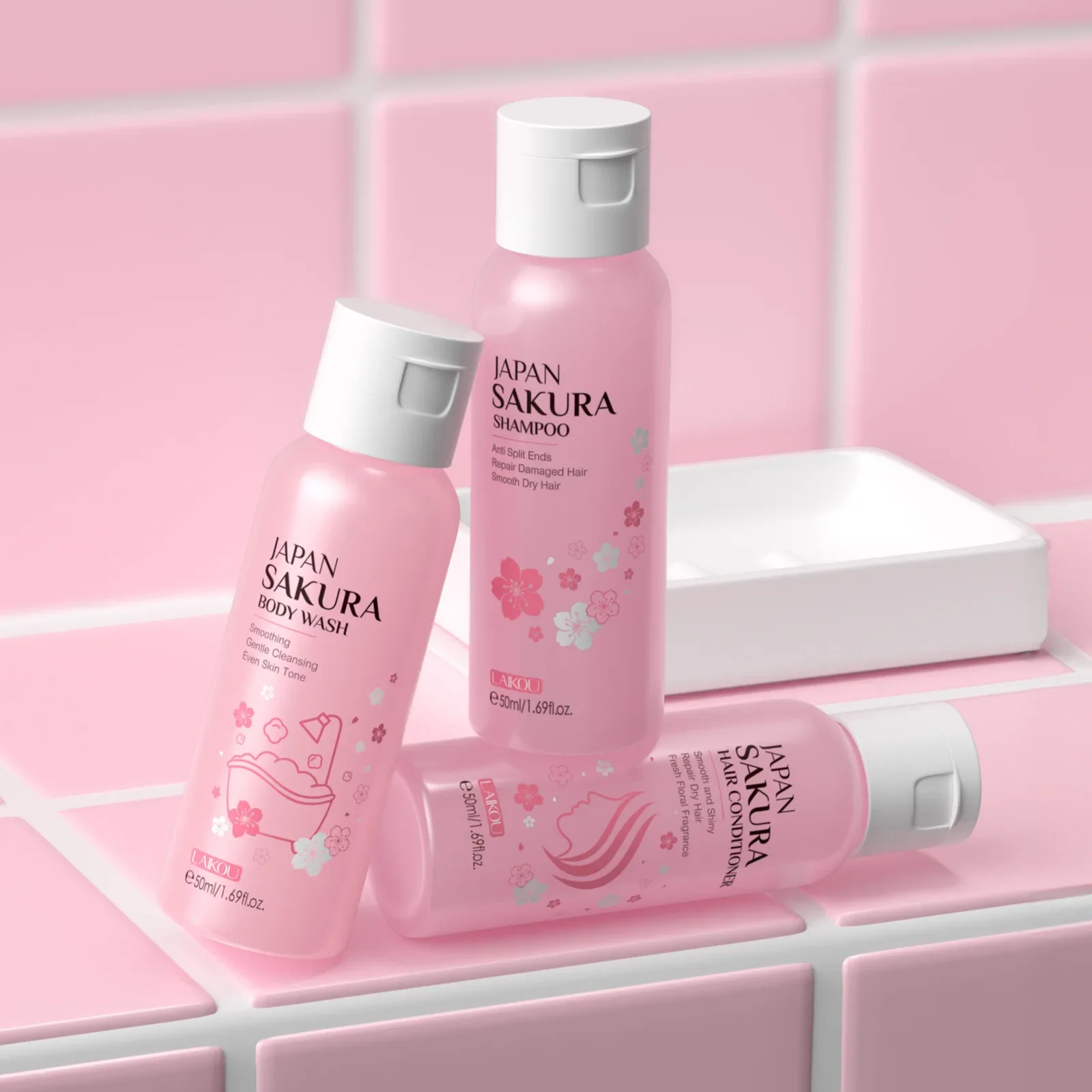 LAIKOU Sakura Lavaggio del corpo Doccia Shampoo Balsamo per capelli ai fiori di ciliegio Liscio Pulizia delicata Idratante profumato Cura della pelle