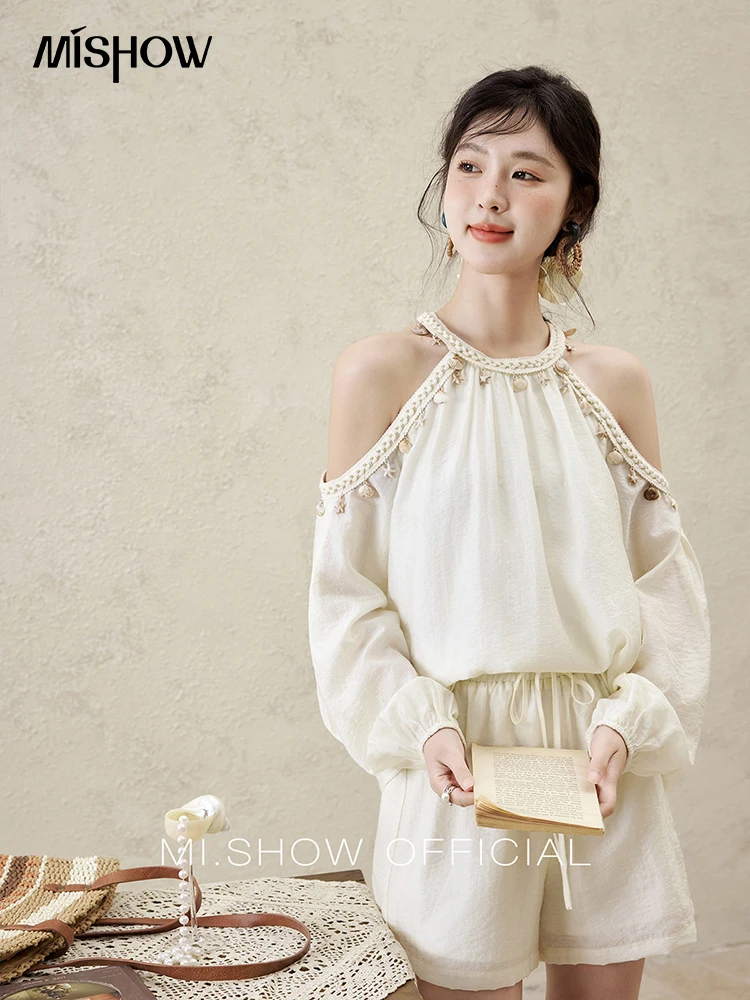

MISHOW Bohemian Fashion Two Piece Pants Set Spring 2025 Solid Long Sleeve Spliced Top Women Elastic Waist Shorts Lady MXE16T0530