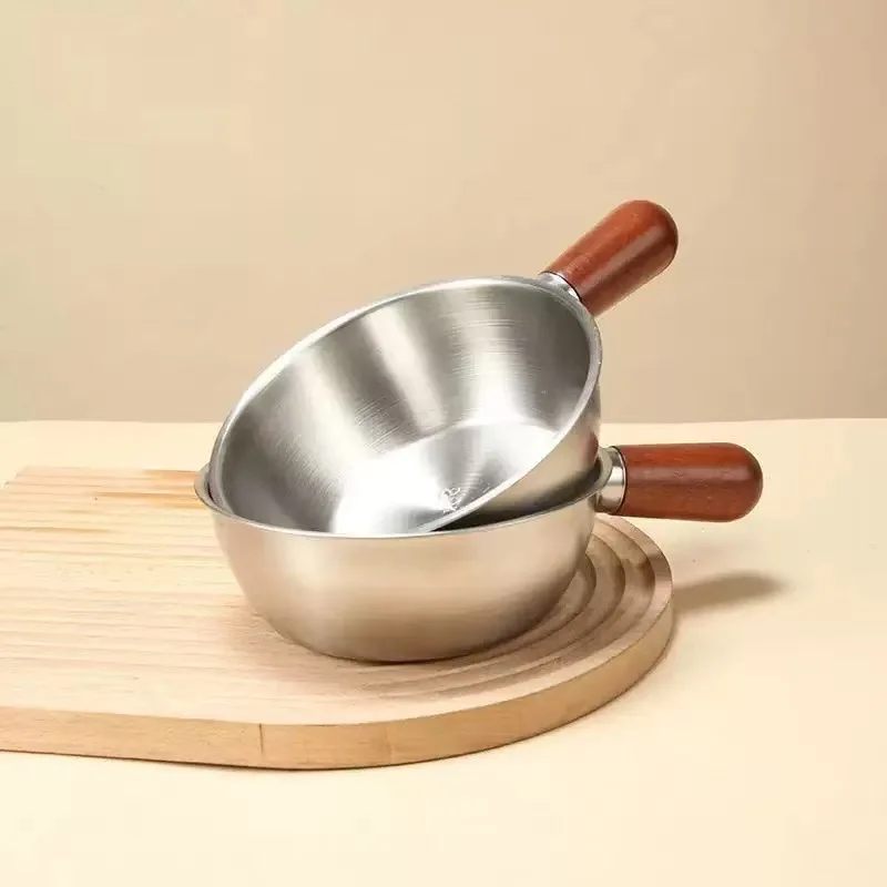 

Portable Stainless Steel Mini Pot 14cm with Wood Handle High Aesthetic Cookware for Camping Dorm Kitchen Baby Food Cooking