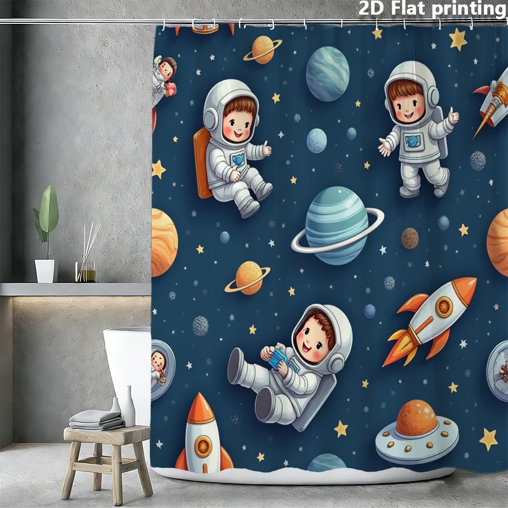 Cute Astronaut Space Shower Curtain, Cartoon Rocket & Planet Waterproof Bath Curtain, Kids Galaxy Bathroom Decor for Boys