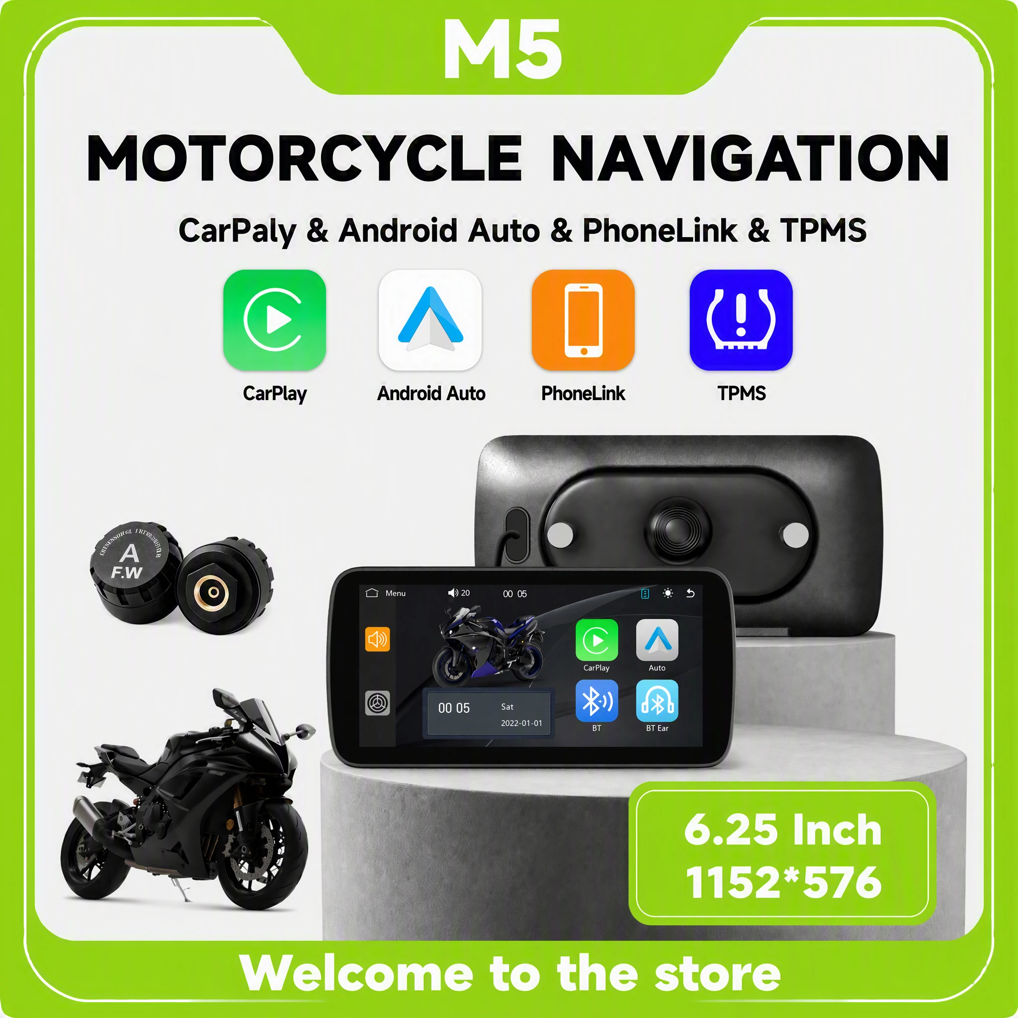 6 Inch Touch Smart Motorcycle Display, Wireless Apple CarPlay & Android Auto Motorbike Dashboard with Built-in TPMS Tire Pressur