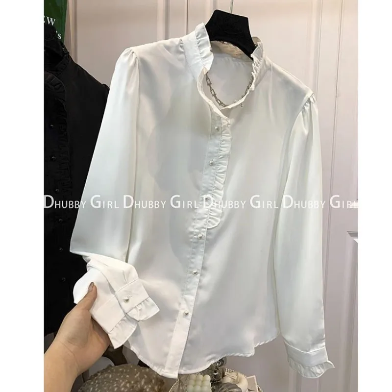 

Lotus Collar High Quality Chic Decorative Design Buttons Women 2023 Summer Shirt Ladies Blouse