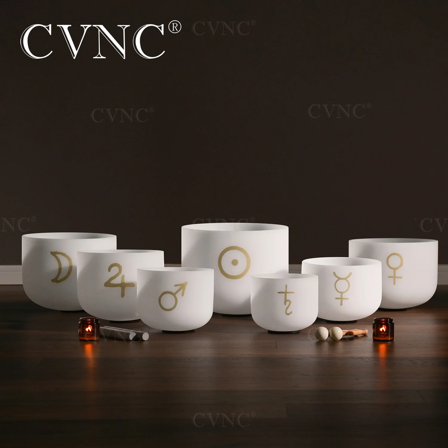 CVNC 8-14 Inch Alchemical Symbol Design Frosted Quartz Crystal Singing Bowls Set 7PCS Chakra for Sound Healing with Bags