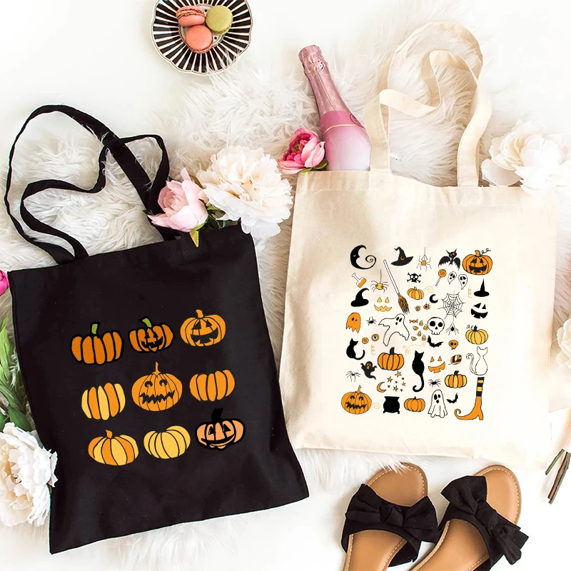 Canvas Tote Bags for Women Funny Halloween Print Handbags Spooky Boo Pumpkin Graphic Reusable Foldable Shopping Shoulder Bag