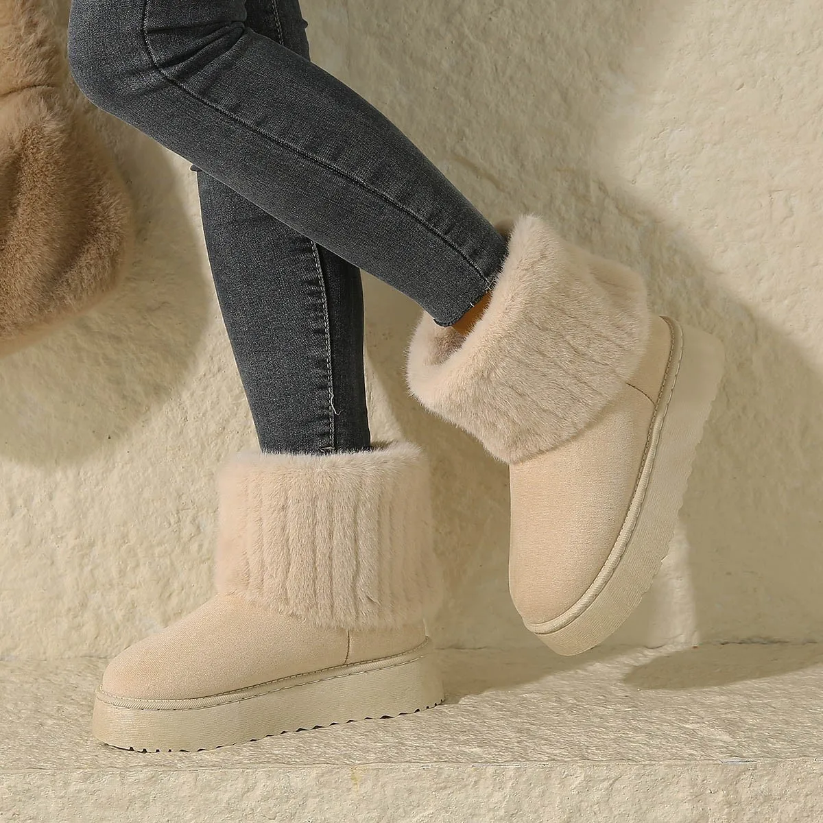 Shoes for Women Winter Slip on Women's Boots Black Round Toe Solid Flock Plush Warm Mid Heel Water Proof Casual Snow Boots Women - view 3
