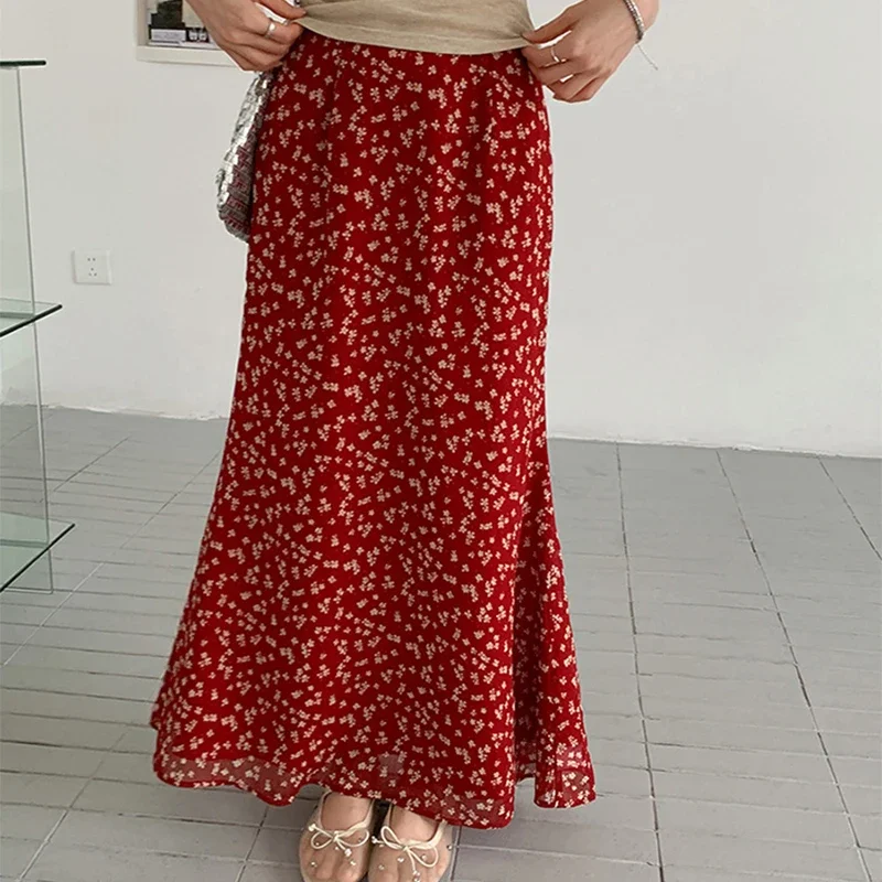 

Korean High Waist Red Long Skirts Women Vintage Floral Printed Pleated Faldas 2025 Summer Elegant Temperament A-Line Faldas New