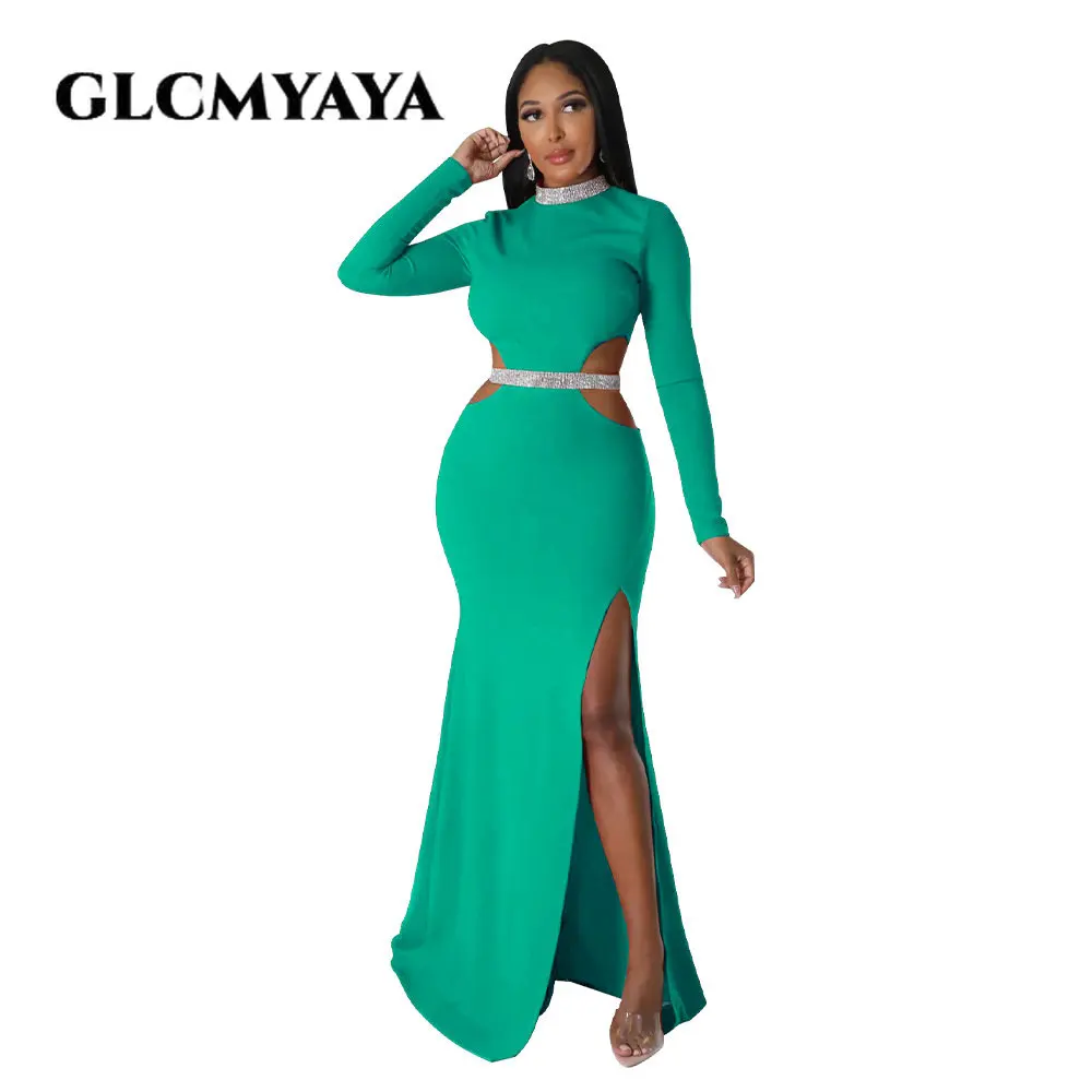 GLCMYAYA Nữ Cutout Eo Độ Bên Cao Xẻ Tay Dài Đầm Maxi Dài Đầm Thời Trang Thu Đông Bodycon Áo Vestidos