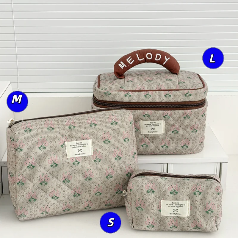 YT Corduroy High-End Large-Capacity Portable Dirt-Resistant Handheld Toiletry Storage Bag Dark-Toned Wall Flower Makeup Bag
