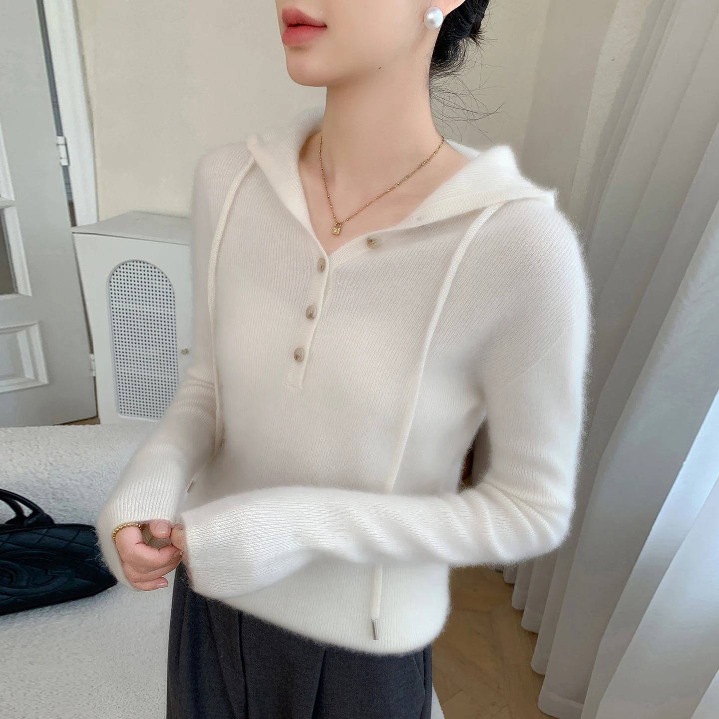 

Осень/зима, новый женский пуловер из 100% чистого кашемира, повседневный однотонный вязаный свитер, облегающие топы с капюшоном и воротником, теплые пуговицы