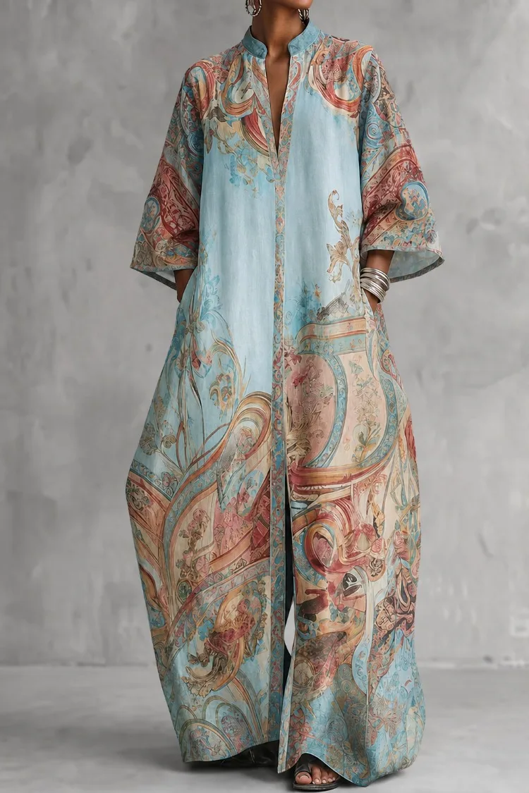 UOOZEE Women Vintage Printed Wide Leg Jumpsuit Stand Collar Deep V 3/4 Sleeves Loose Side Pockets Floor Length Bohemian Romper