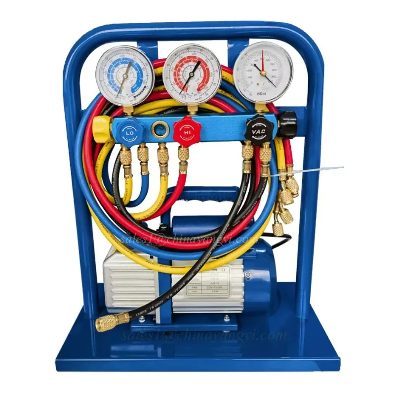 Air Conditioner Refrigerant Filling Set Charging Station Dual Stage Vacuum Pump 2CFM and 5 Valve Manifold Gauge Vacuum Meter