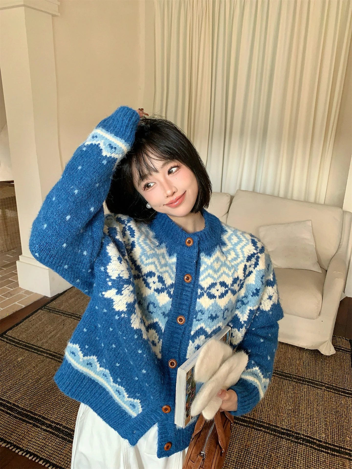 

Soft Cozy Korean Sle Fair Isle Knitted Sweater Coat Women's Autumn Winter Warm Long Sve round Ne Thiened Outerwear