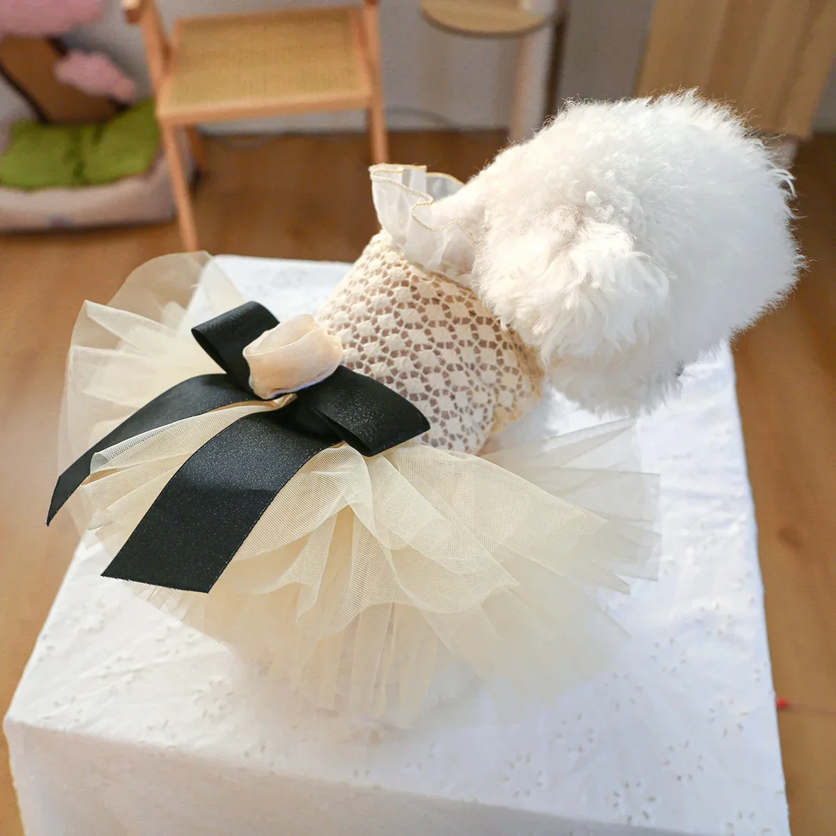 1PC Pet Clothing Cat Summer Thin Hollow Beige Bow Princess Wedding Dress Suitable for Small and Medium Dogs