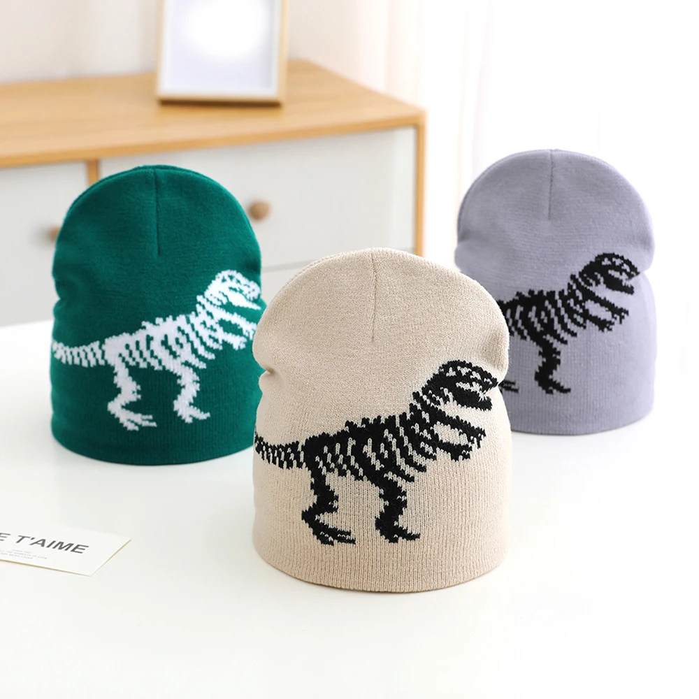 2024 New Fashion Winter Dinosaur Embroidery Beanie Hat Fashion Keep Warm Couple Cap Knitted Beanie For 2-8 Years Old Children