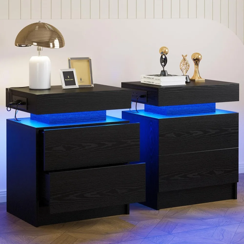 

LED Light and Drawers Nightstands Set of 2 or 1, Modern Black Nightstand Charging Station, Bedside Tables End Table for Bedroom