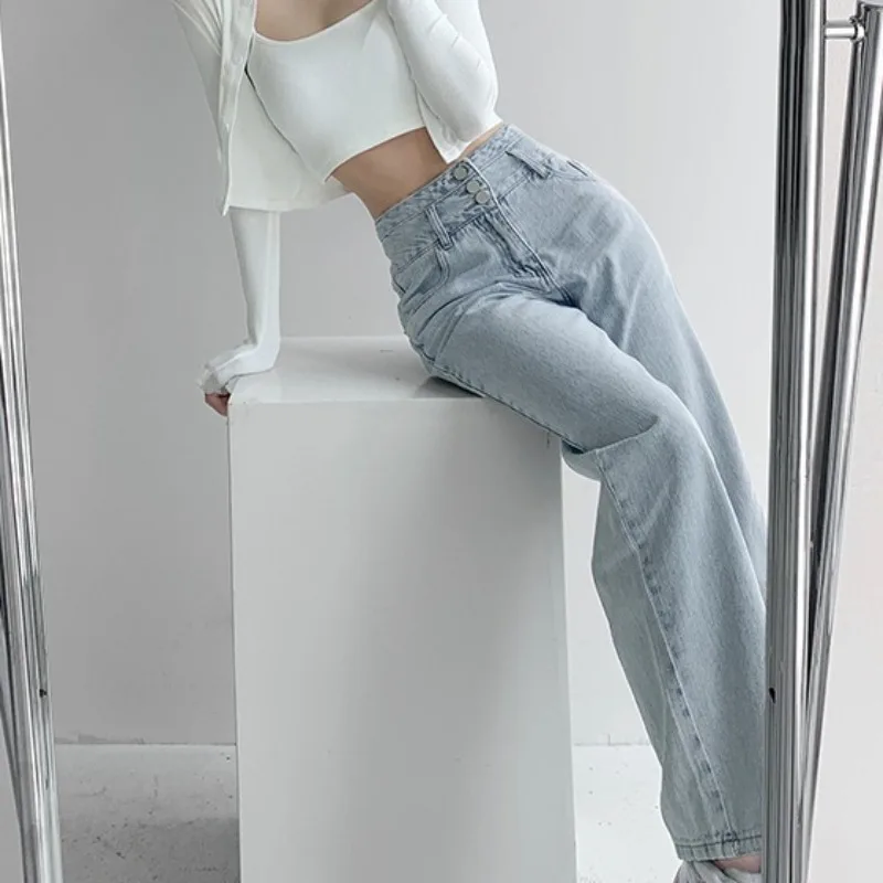 Straight Jeans for Women Summer Spring Young Girls Clothing Fashion Full Length High Waist Button Design New Trendy Personality