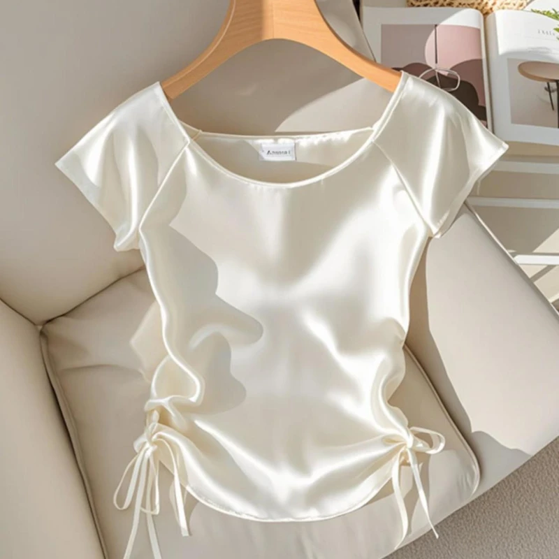 French Style Unique and Special Top with Small Design Niche and Beautiful White Satin Shirt in Summer