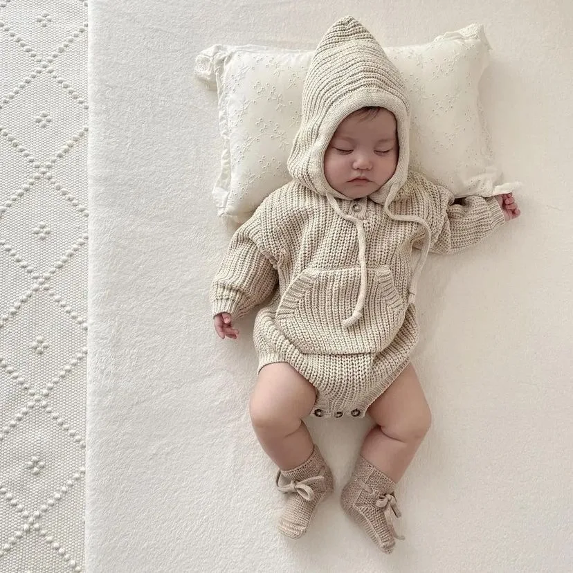 Newborn Baby Girl Boy Knit Romper Hooded Autumn Winter Warm Long Sleeve Jumpsuit Toddler Child Outwear Baby Clothes 3-18M