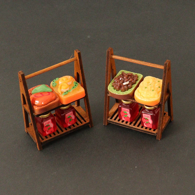 1:12 Dollhouse Miniature Toast Bread Jam Biscuit Juice Display Stand Set Doll Dessert Shop Decor Toy Doll House Scene Ornament