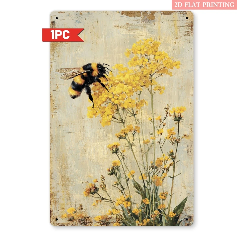 2D Flat - A Vintage-Style 2D Flat Metal Sign Featuring a Bumblebee And Yellow Flowers, Measuring 7.87X11.81 inch. This Rustic Wa