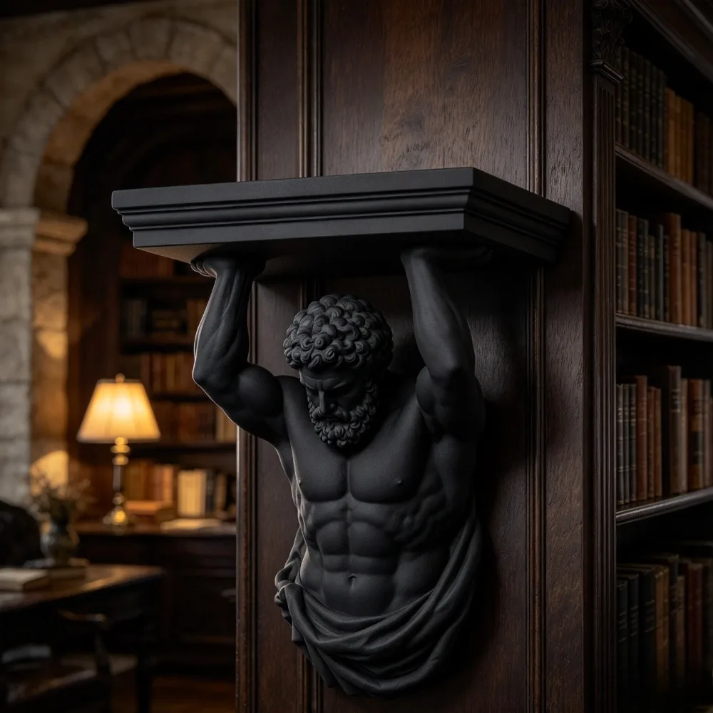 Atlas Floating Wall Bracket Greek Myth Sculpture Wall‑Mount Display Shelf Retro Stone‑Effect Decor Storage Holder Study Office